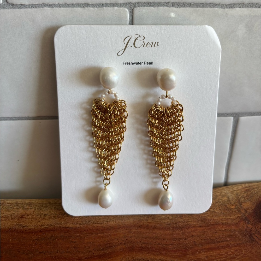 J. Crew Gold Chainmail and Freshwater Pearl Drop Earrings